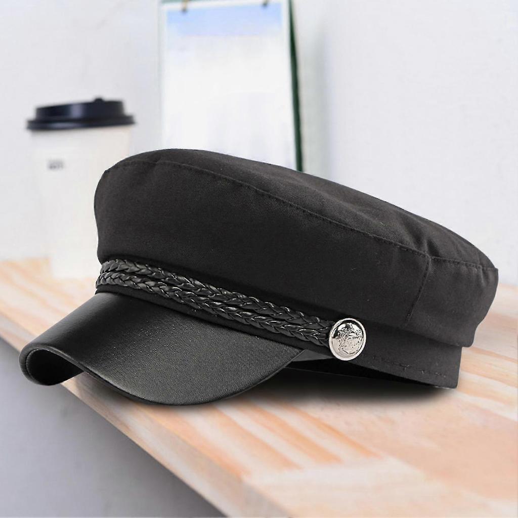 Spring Autumn Women Captain Cap Faux Leather Brim Flat Top Braided Decoration Cap Contrast Color Adjustable Sailor Hat For Vacation