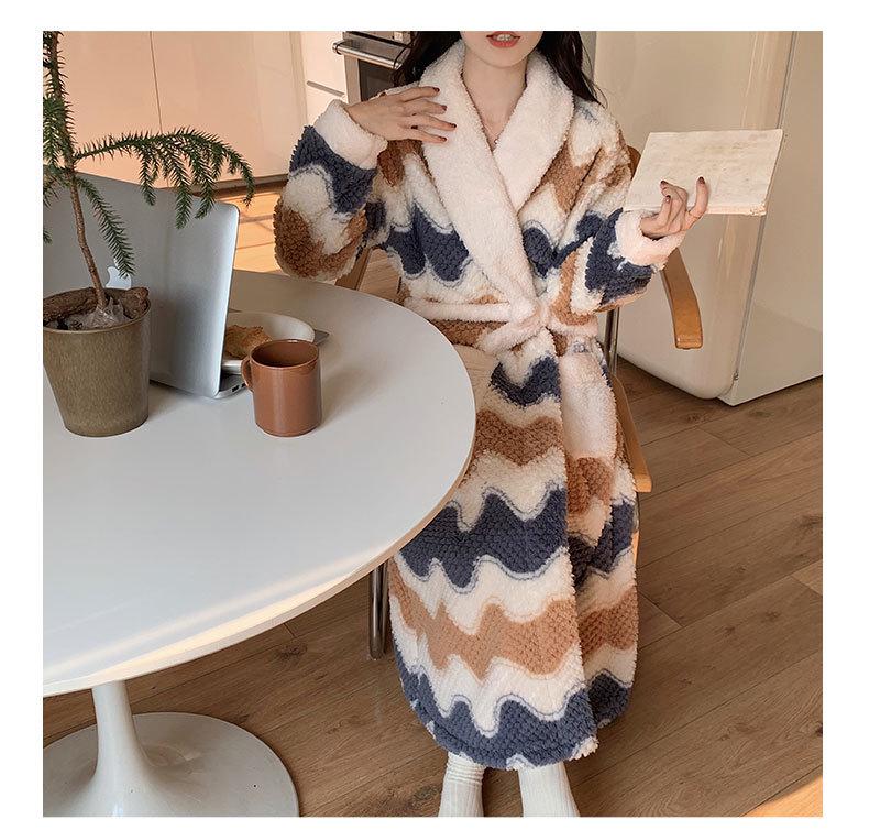 Autumn/Winter Women's Coral Fleece Bathrobe: V-neck, Belted, Long Sleeves, Mid-length, Sweet Style, Warm Homewear.