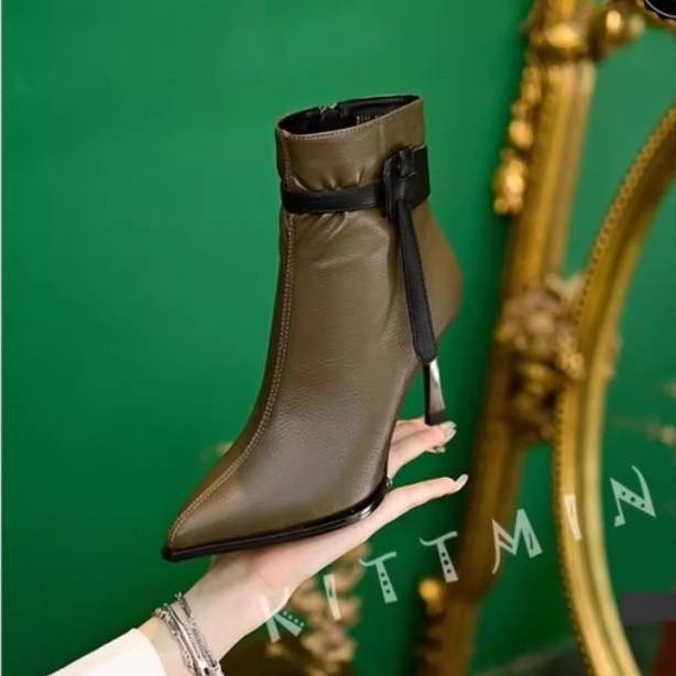 Popular French Temperament High-heeled Short Boots Women's Autumn and Winter New Pointed-toed Thin-heeled Fashion Boots Color Matching Small Thin Boo