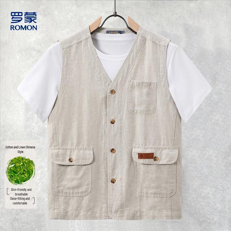 Romon Men s Cotton Linen Multi-Pocket Sleeveless Vest M