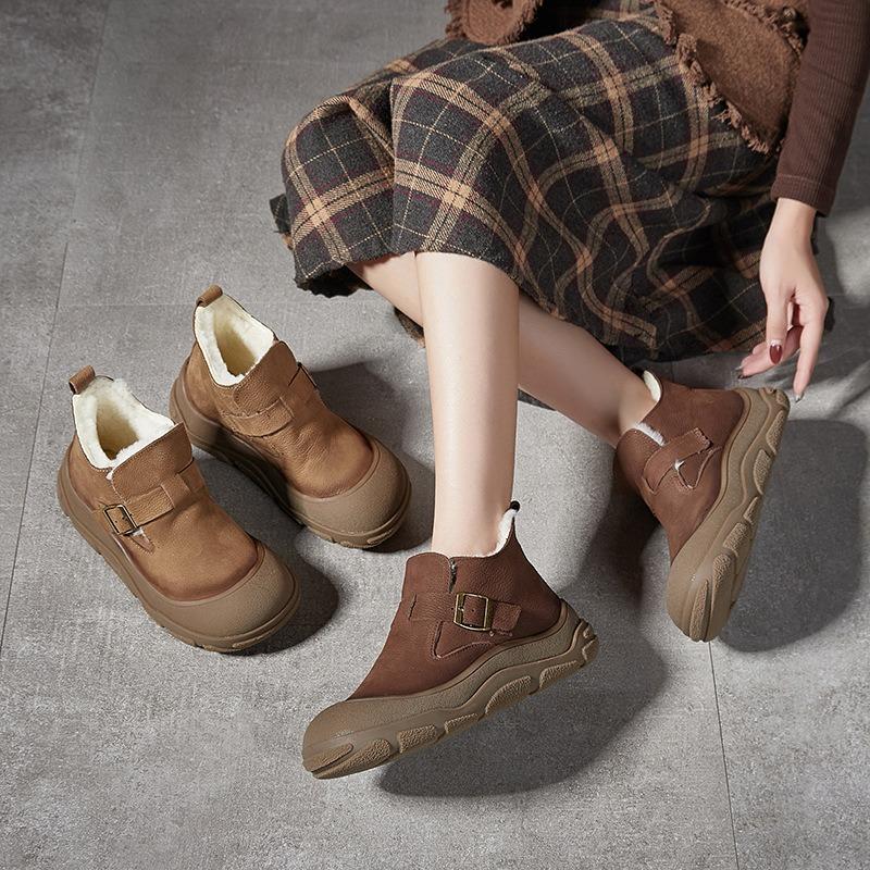 Zapatos de Invierno Mujer Botas de Nieve Suela Gruesa Cálido Felpa de Lana Cuero Genuino Exterior Vintage Botines Cortos Botines al Tobillo para Señora