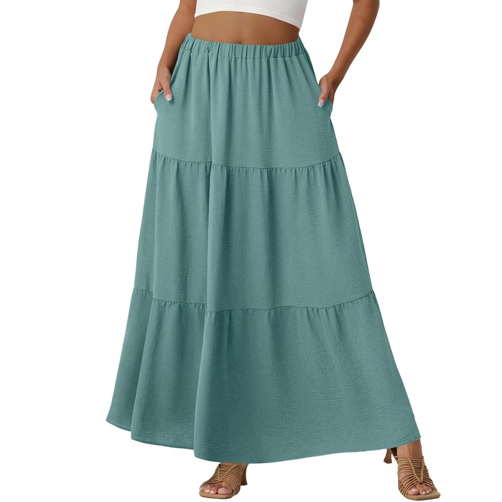 Damen Casual High Waist Kordelzug A-Linien Rock Farbiger Rock Mit Taschen