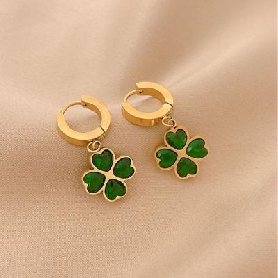 New Retro Simple Emerald Love Flower Earrings Buckle Temperament Four-Leaf Clover Fashion Titanium Steel Female Earrings
