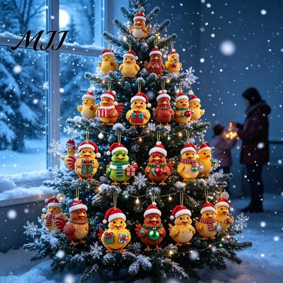 Weihnachts-Hängeornamente Hühnchen Adventskalender 2026, 24 Tage Countdown mit 2D Flachornament-Set Acryl-Ornament, Cartoon-Anhänger für