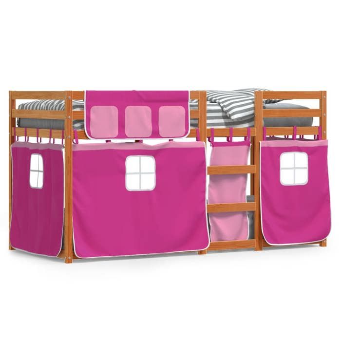VidaXL Lit superposé avec rideaux rose 90x200 cm bois pin massif, lit, cadre de lit, lit superposé bas, meuble de chambre à 3283948