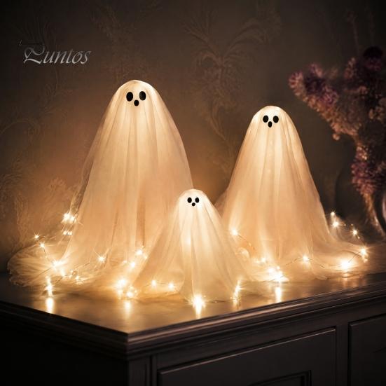 Outdoor Halloween Decorations 3Pcs Lighted Ghost Table Decor, LED Lamp, White Luminous Adjustable Height Decor Centerpiece, Spooky Tabletop