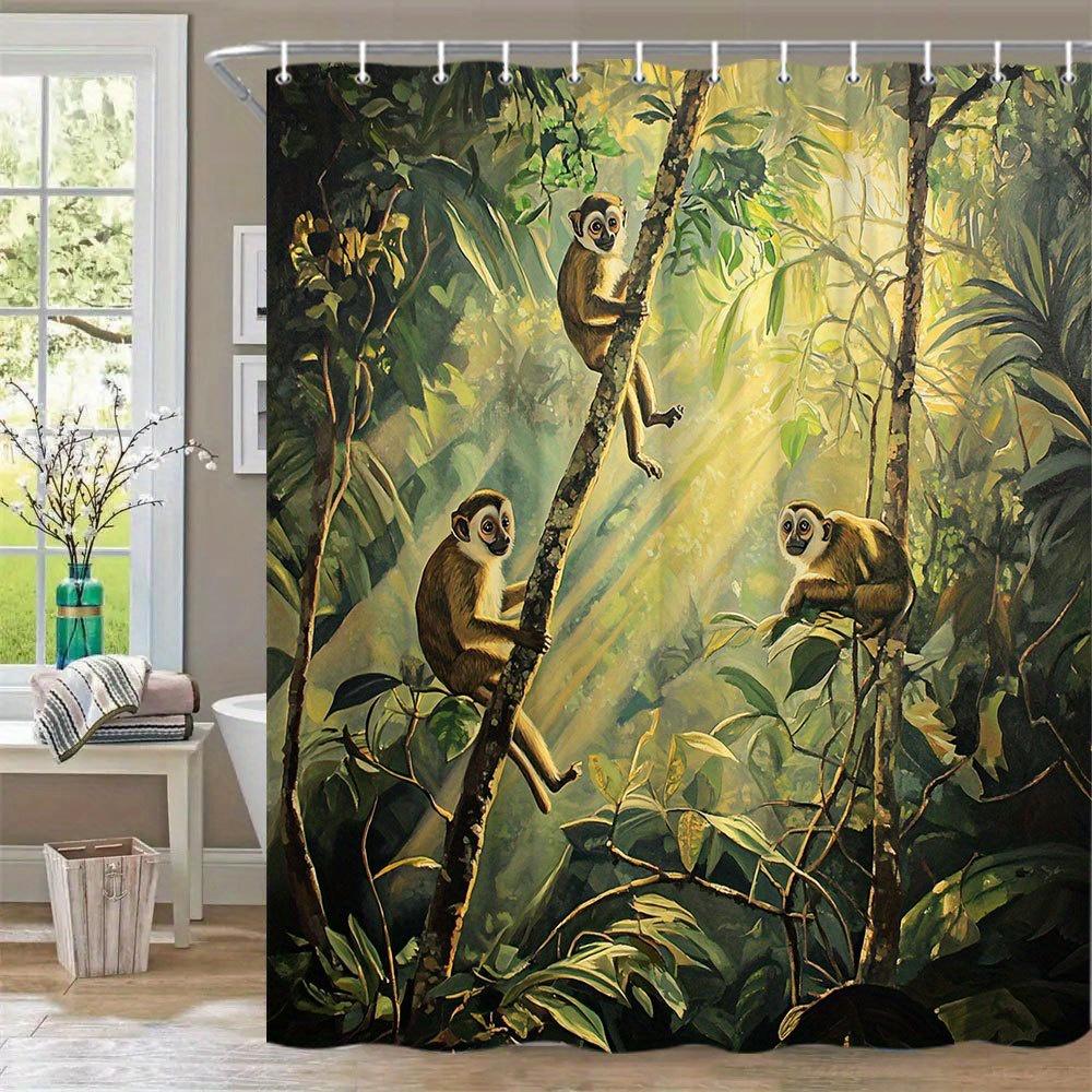 1pc Jungle Monkeys Bath Curtain - Extra Long 70x70 Inches, Three Capuchin Monkeys in Sunlit Tropical Rainforest with Lush Green 90x180cm