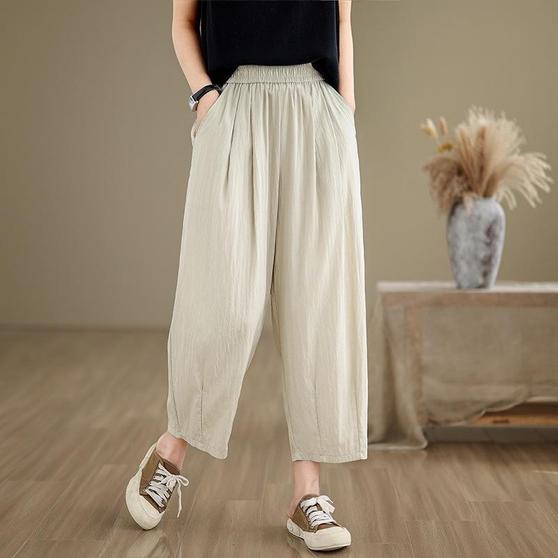 

2025 лето новые литературные и универсальные однотонные брюки кэжуал с эластичной талией женские легкие и дышащие, с темпераментной драпировкой, длиной девять точек M