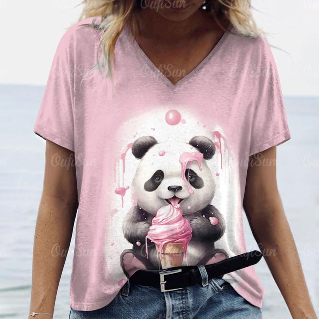 Oversize Women's Clothing Tshirt Cute Panda Woman Clothing Casual V-Neck Short Sleeve T-Shirts Pullover Trend Summer Streetwear