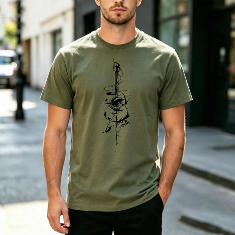 Minimalist Ink Brush Art Abstract Guitar Graphic Short Sleeve T Shirt Unisex Unisex Cotton Soft Daily Streetwear Casual Music Lover
