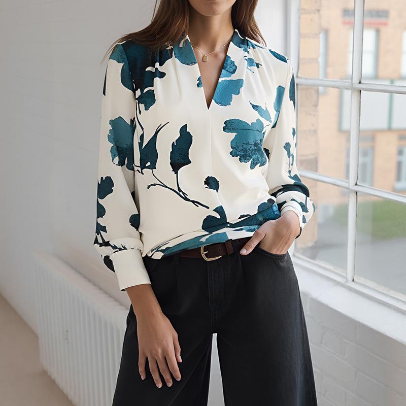 

Spring and Autumn New Style Printed Temperament V-neck Long-sleeved Shirt Tops for Women S білий