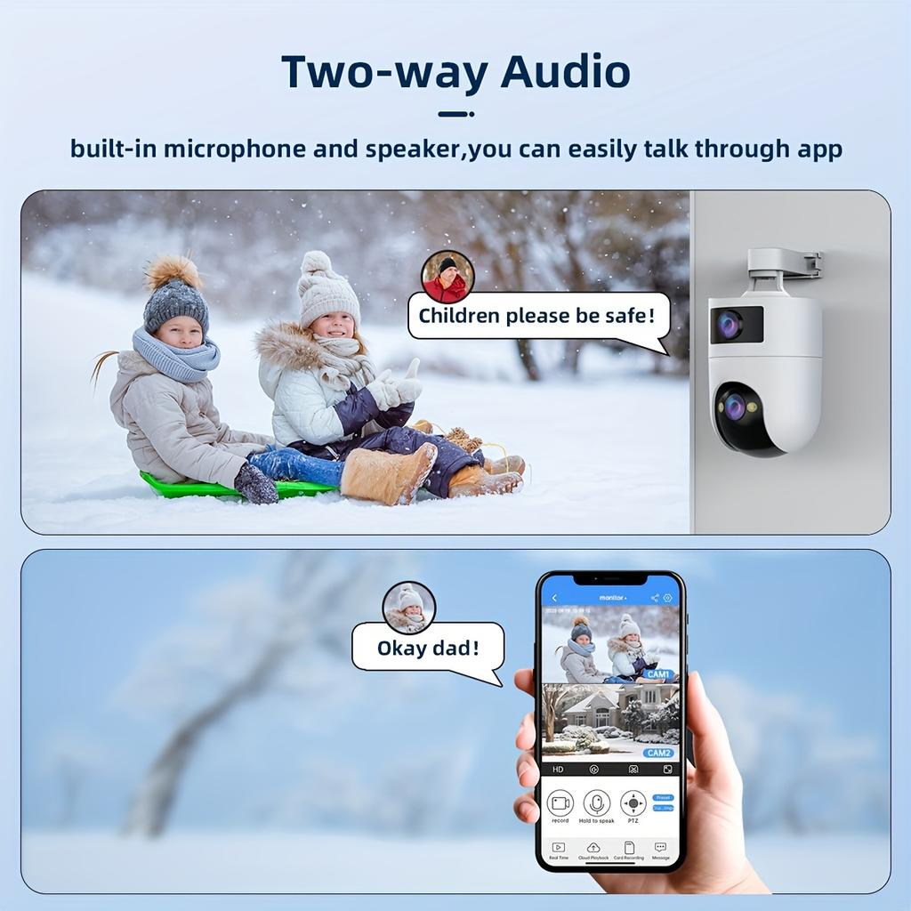 4K Outdoor Dual Lens PTZ WiFi Camera, 5G Compatible, Wall Mount, 1296p Video, Two-way Audio, High Definition Resolution, Audio and Sports Police
