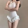 Lotus leaf lace one-piece swimsuit with French pearl decoration for slimming soaking in hot spring swimsuit
