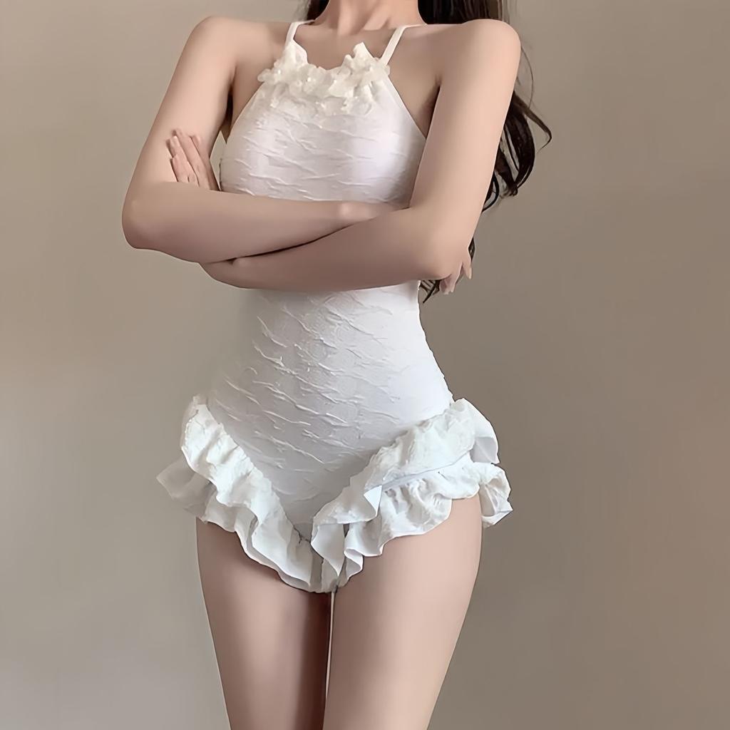 Lotus leaf lace one-piece swimsuit with French pearl decoration for slimming soaking in hot spring swimsuit