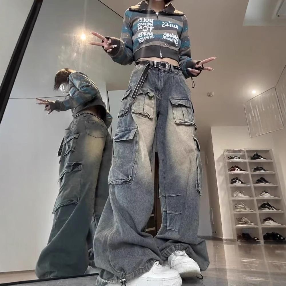 

Women s 2025 Distressed American Style Wide-Leg Denim Pants - Multi-Pocket, Loose Fit, Trendy Autumn Wear XL