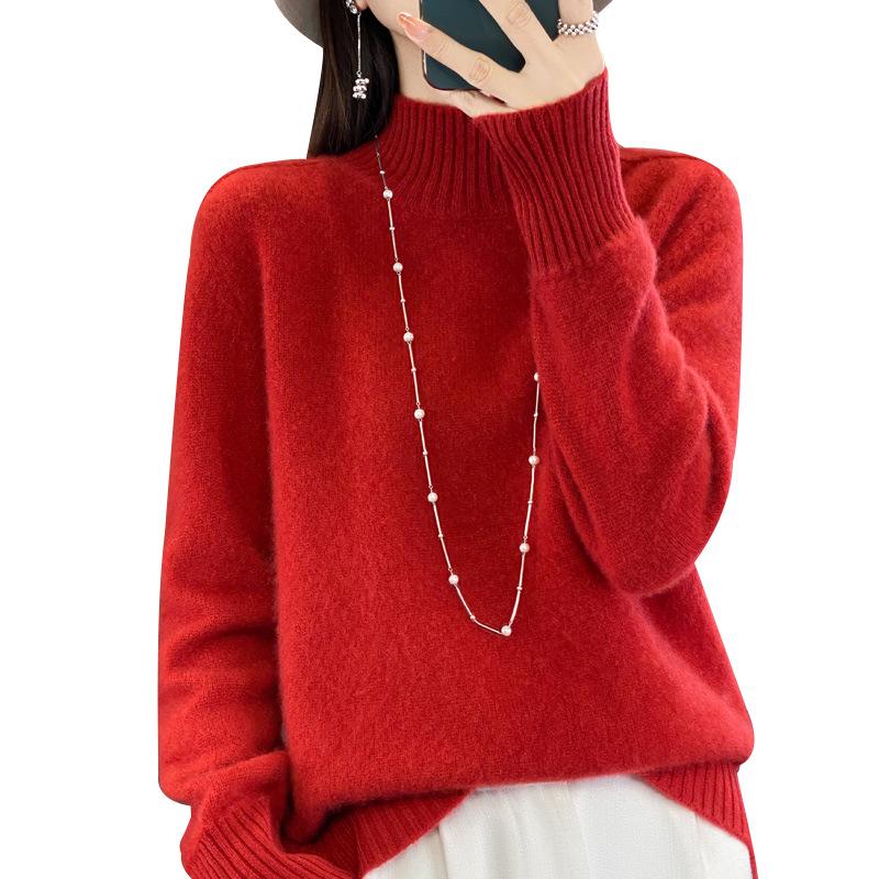 Women's Cashmere Wool Pullover: Half-High Neck, Loose Fit, Korean Style Knit Base Layer for Autumn/Winter