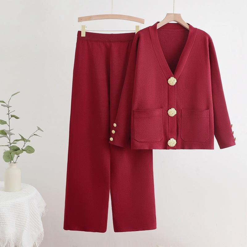 

Осенние женские трикотажные свитера, большие золотые пуговицы, V-образный вырез, кардиган, пальто, Conjunto, высокая талия, мешковатые широкие брюки, костюмы one size вино красного