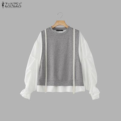 Damen Lässige Rundhals Patchwork Langarm Bluse