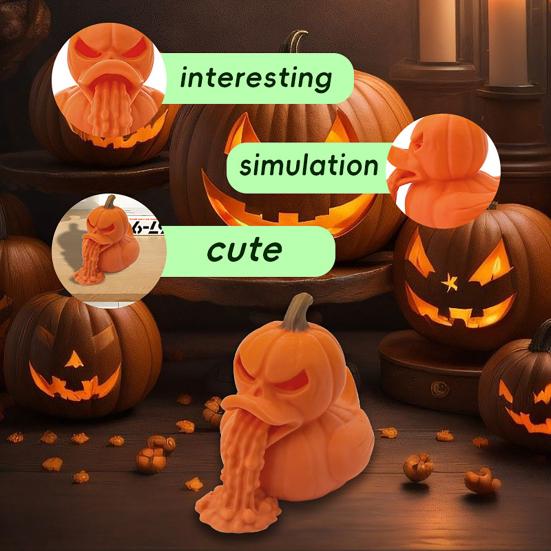 3D Printed Pumpkin Duck Figurine Spooky Collectible Duck Vomiting Statue Halloween Party Decoration for Living Room Office Desk Decor