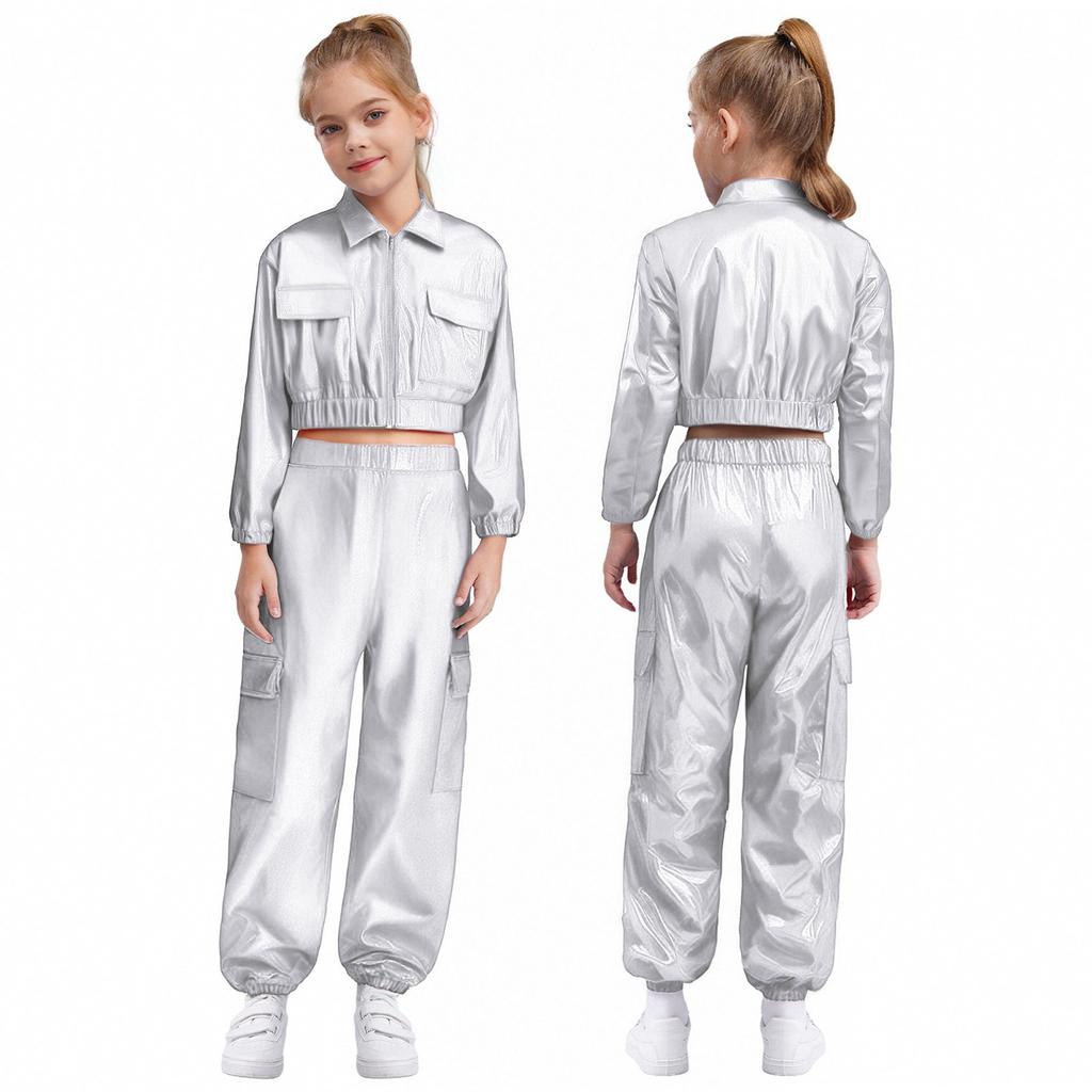 Unisex Kinder Hip Hop Tanzkostüm Metallic-Jacke mit Langarm-Umlegekragen und glänzendem Hosenset