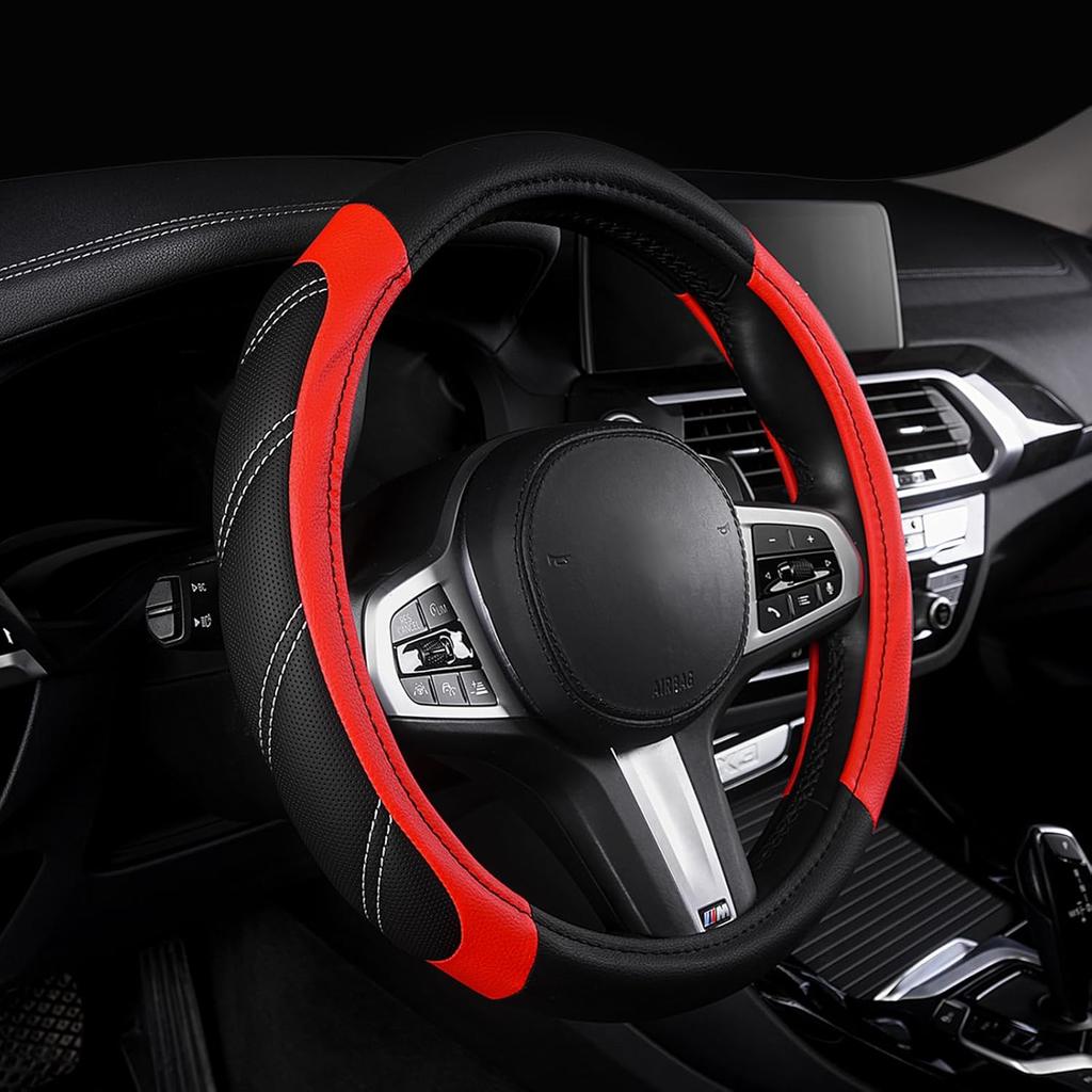 AUTOYOUTH Steering Wheel Cover, Universal Fit For Car, Truck, SUV & Van, Breathable Anti-Slip Microfiber Leather With Four-Stitch Design, Red &