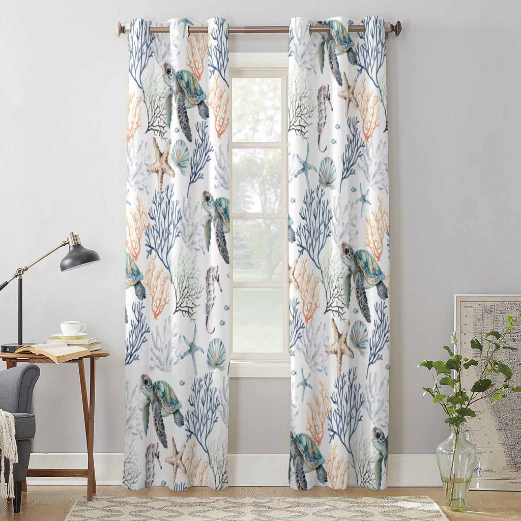 Summer Ocean Turtle Coral Window Curtains for Living Room Luxury Bedroom Curtain Kitchen Blinds Drapes Curtains