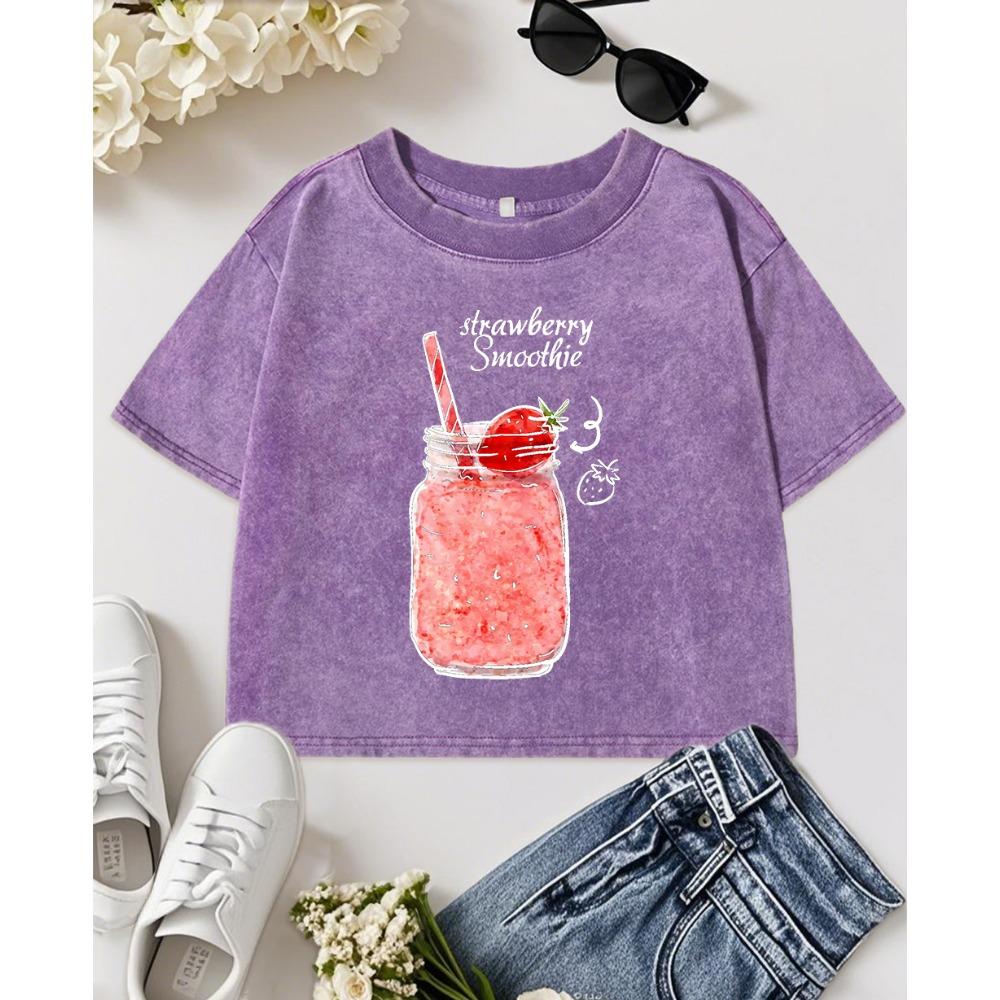 Delicious Strawberry Smoothie Print Washed Slim T-Shirt Women Crop Summer T Shirts Clothes Crewneck Cotton Top