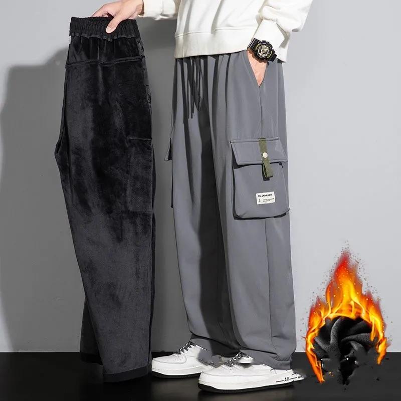 Autumn Winter Sweatpants Men Multi-Pockets Drawstring Cotton Casual Track Pant Male Loose Straight Trousers Large Size