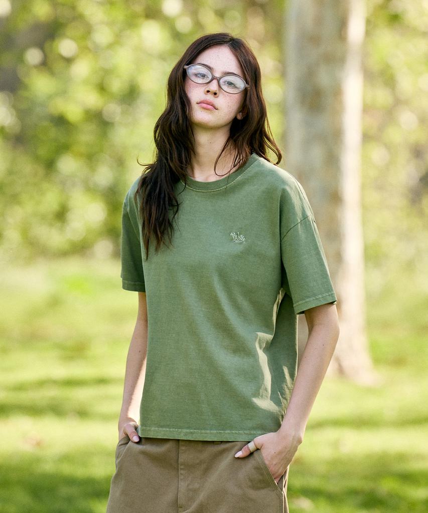Peullukeu Crop Slam Logo Pigment Short Sleeve T-Shirt Khaki Fst752C