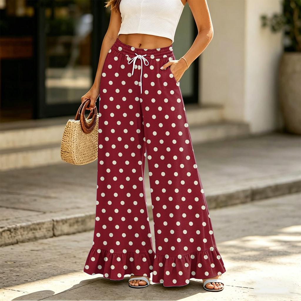 Damen High Waist Weite Hosen mit Kordelzug und Taschen Entspannte Passform Lange Hosen mit Rüschensaum und Blumendruck für Freizeitkleidung