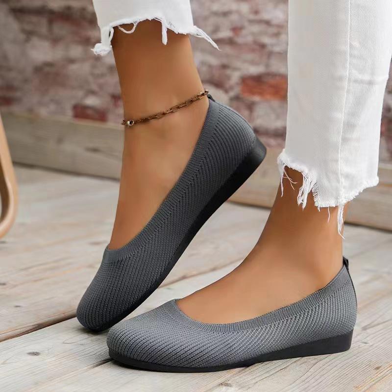 Shallow Mouth Women's Shoes 2024 Autumn Round Headed Flat Bottomed Sleeve Foot Shallow Mouth Mesh Breathable Fashionable Single