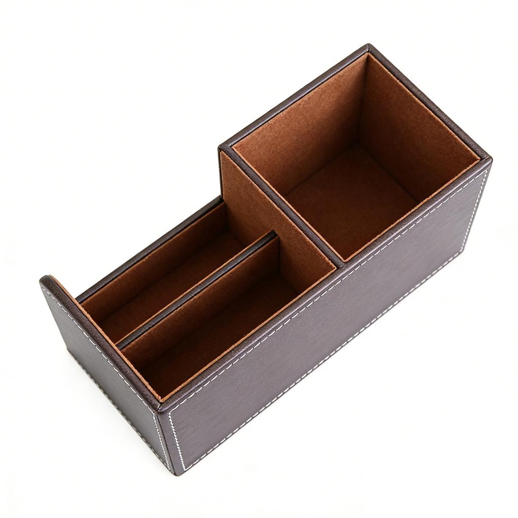 Desk Organizer Pen Holder PU Leather Multifunctional Tabletop Storage Box 3 Compartments for Office Home School Coffee