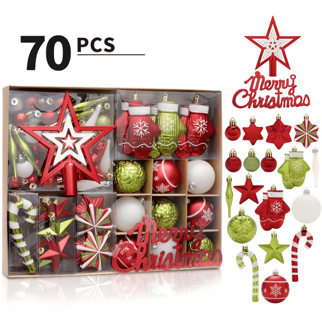 70Pcs Multi Size Christmas Ball Set Stars Socks Scepter Round Xmas Ball Santa Tree Diy Ornaments  New Year Xmas Gifts Decor