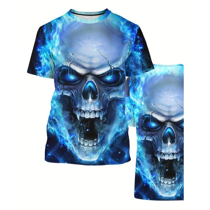 Men's 3D Skull Pattern T-Shirt - Featuring a Creative Blue Flame Design