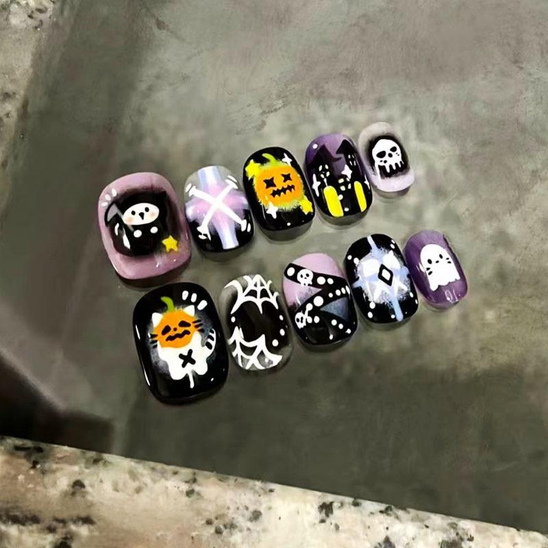 30Pcs Cute Cartoon Short Bean Shaped Press On Nails Autumn Winter Niche Design Fake Nails Gift For Girls And Friends
