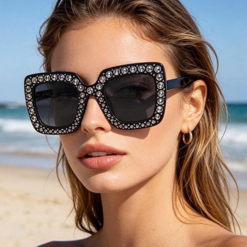Retro Crystal Diamond Sunglasses Oversized Big Square Sunglasses Unisex European American Fashion Rhinestone Eyewear Glasses