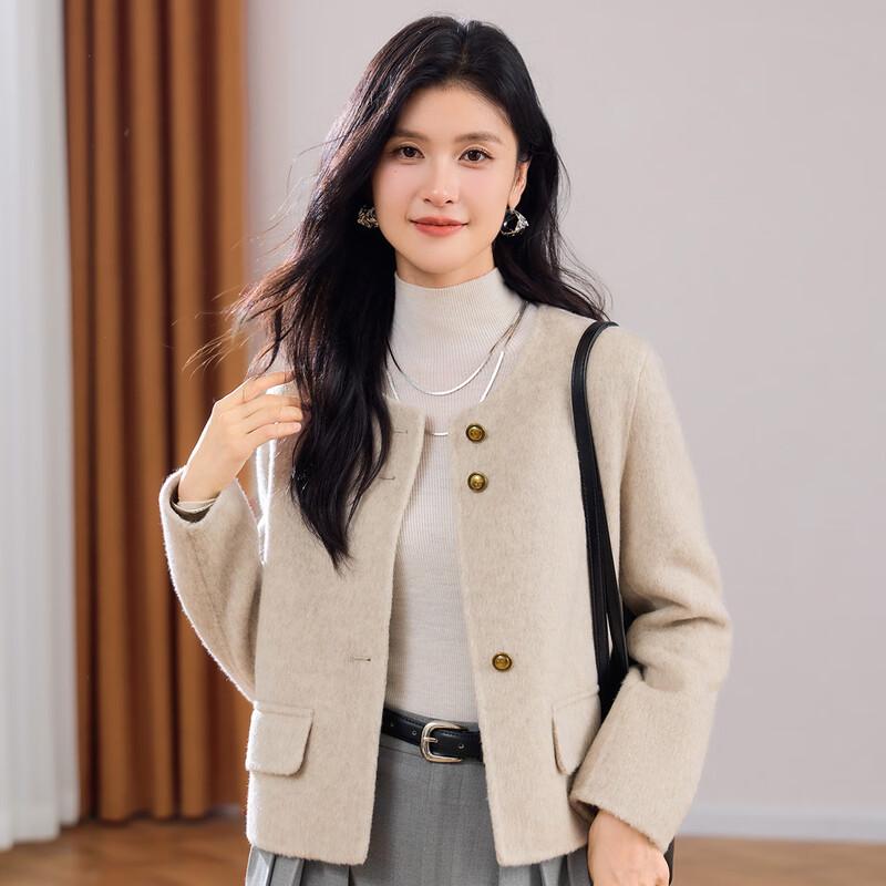 Women's Round Neck Wool Blend Short Coat