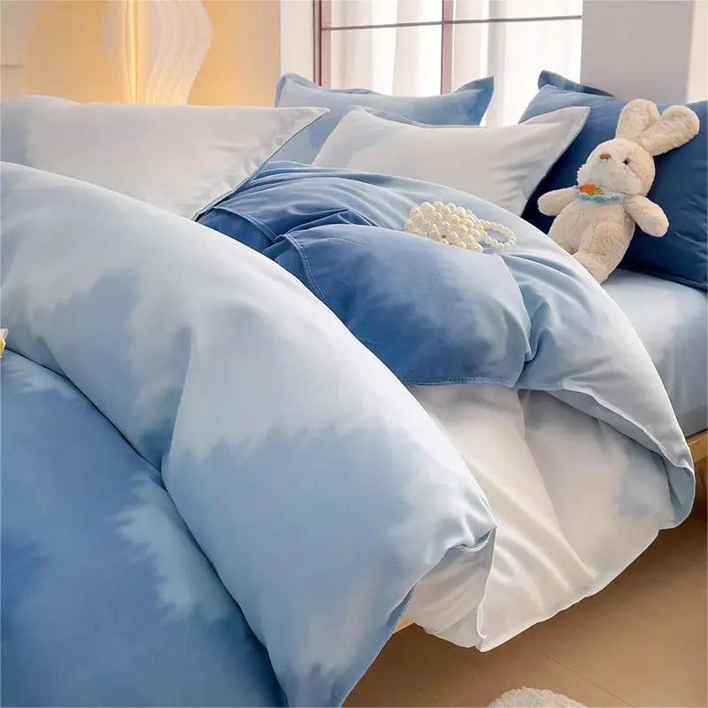 Skin-Friendly Twill Fabric Bed Sheet Four Piece Set Ab Double-Sided Color Blocking Bedding Sets Flower Printed Quilt Cover