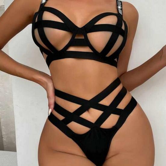 2 Pcs/Set Underwear Set Tempting Hollow Out Bandage Shoulder Straps High Elasticity Nightwear No Pads High Waist Sleeping Bra