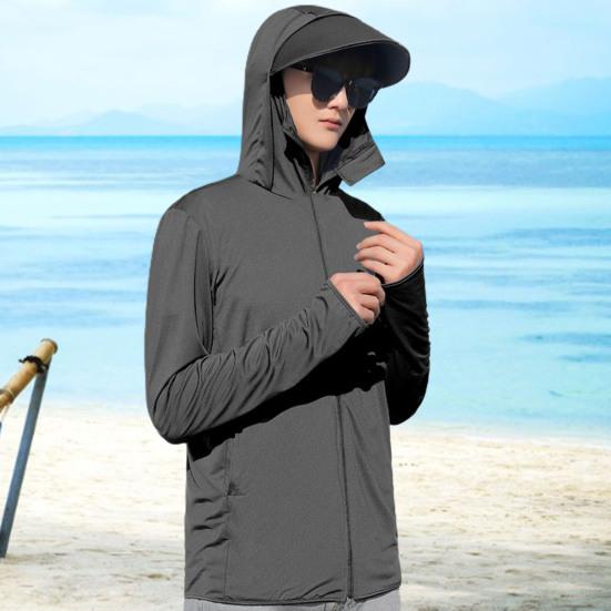 Men Summer Sunscreen Coat Hooded Thin Breathable Pocket Anti-UV Sun Protection Solid Color Long Sleeves Sun Protection Clothing Cycling Garment