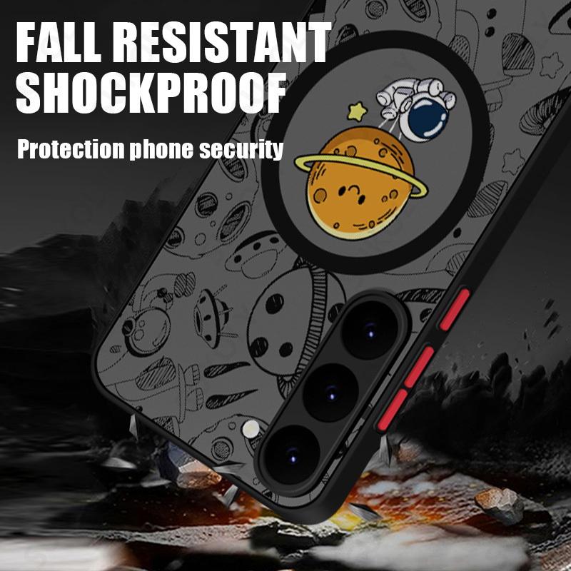 Kreskówkowy Astronauta Etui na Telefon Magsafe Dla Samsunga Galaxy S25 Edge S23 S22 S24 Ultra S24 S23 FE Matowe Akrylowe Pokrowiec z Żelaznym Pierścieniem