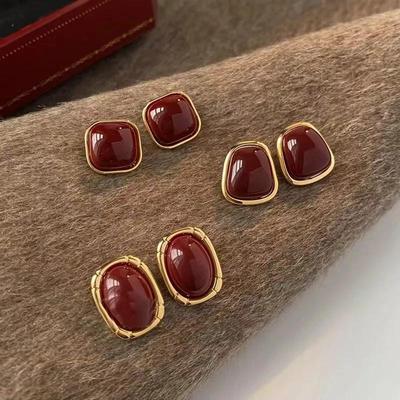 Vintage Enamel Wine Red Metal Stud Earrings For Women  Geometric Square Earrings Elegant Wedding Jewelry Accessories