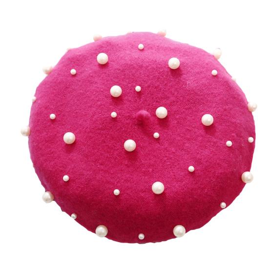 Fashion Women Autumn Winter Solid Color Faux Pearl Beret Hat Warm Painter Cap