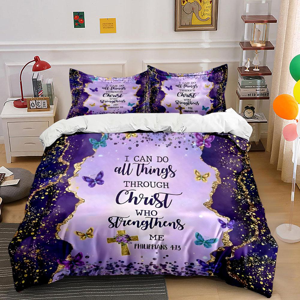 Inspirational Purple Christian Decor Set kid's and adults' bedroom decor, Exquisite three-piece bedding set gift