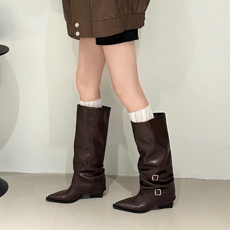 

2025 autumn and winter high-end pointed thick-heeled piled boots women s new models but knee high-heeled pants boots high boots 40 темно-коричневого