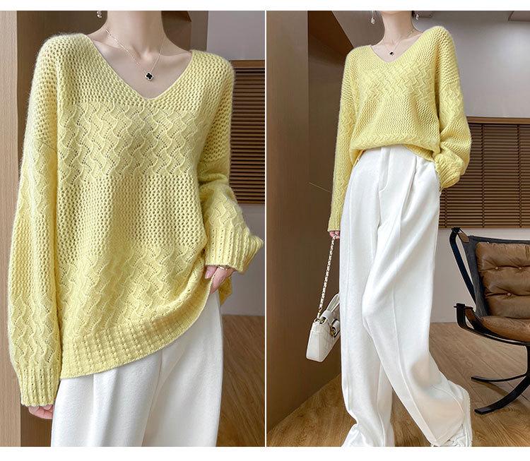 Women's Cashmere V-Neck Hollow Jacquard Pullover Sweater, Autumn/Winter Collection
