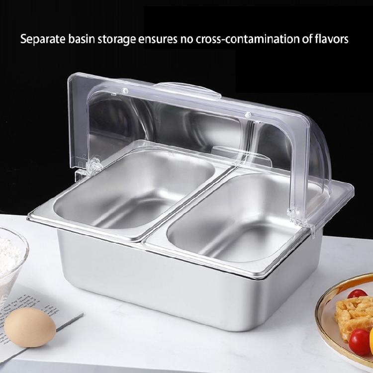 Edelstahl 2-Kammer-Speisewanne Klare Rollhaube Buffet-Serviertablett mit Trennwänden Gewürzspender