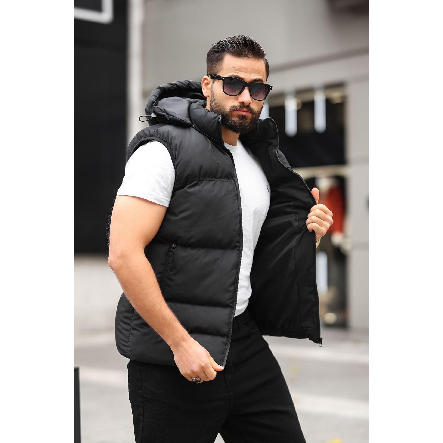 

Men s Black Removable Hooded Puffer Vest S серый