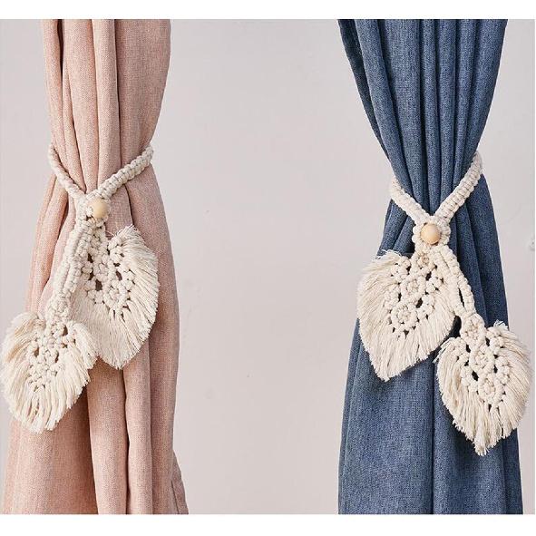 2 Pcs Boho Curtain Tiebacks,Curtain Tie Backs,Hand Knitting Cotton Curtain Holdbacks with Adjustable Natural Wooden Bead,Double Leaves Farmhouse