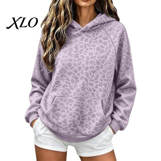 Long Sleeve Casual Tops Women Leopard Print Hoodie, Oversized Drop Shoulder Hooded Sweatshirt with Pocket, Daily Hoodie Pockets Loose Pullover Top for
